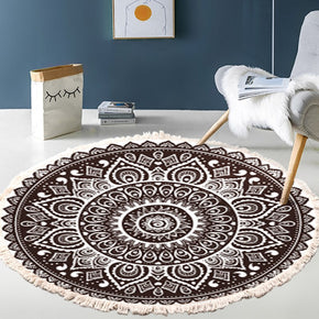 Brown Printed Pattern Cotton Area Rug with Tassel Hand Woven Machine Washable Floor Carpet Rug