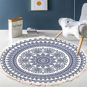 Simply Blue and White Printing Pattern Cotton Area Rug with Tassel Hand Woven Machine Washable Floor Carpet Rug