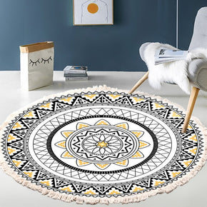 Black Yellow Geometric Printed Round Cotton Area Rug with Tassel Hand Woven Machine Washable Floor Carpet Rug for Living Room Bedroom