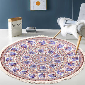 Purple Round Printed Cotton Area Rug with Tassel Hand Woven Machine Washable Floor Carpet Rug for Living Room Bedroom