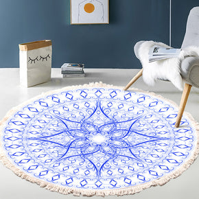 Blue Geometric Round Printed Cotton Area Rug with Tassel Hand Woven Machine Washable Floor Carpet Rug