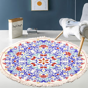 Vivid Blue Red Printed Round Cotton Area Rug with Tassel Hand Woven Machine Washable Floor Carpet Rug