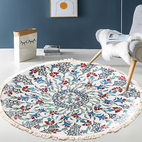 Blue Red Flower Vine Round Cotton Area Rug with Tassel Hand Woven Machine Washable Floor Carpet Rug for Living Room Bedroom