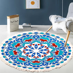 Blue Red Abstract Printed Round Cotton Area Rug with Tassel Hand Woven Machine Washable Floor Carpet Rug for Living Room Bedroom