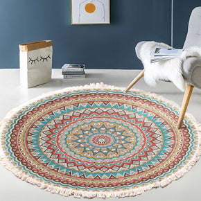 Colorful Geometric Printed Round Cotton Area Rug with Tassel Hand Woven Machine Washable Floor Carpet Rug for Living Room Bedroom