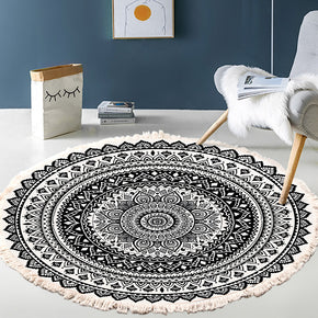 Black Moroccan Geometric Print Round Cotton Area Rug with Tassel Hand Woven Machine Washable Floor Carpet Rug