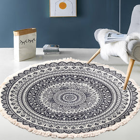 Grey Morocco Printed Round Cotton Area Rug with Tassel Hand Woven Machine Washable Floor Carpet Rug