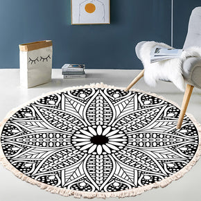 3D Black and White Printed Round Cotton Area Rug with Tassel Hand Woven Machine Washable Floor Carpet Rug