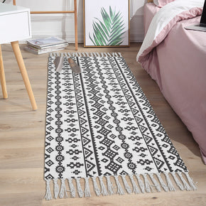 Black Moroccan Geometric Cotton and Linen Area Rug with Tassel Hand Woven Floor Carpet Rug for Living Room Bedroom