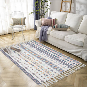 Colorful Moroccan Geometric Cotton and Linen Area Rug with Tassel Hand Woven Floor Carpet Rug for Living Room Bedroom