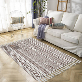 Moroccan Brown Striped Cotton and Linen Area Rug with Tassel Hand Woven Floor Carpet Rug for Living Room Bedroom
