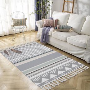 Grey Geometric Pattern Cotton and Linen Area Rug with Tassel Hand Woven Floor Carpet Rug for Living Room Bedroom