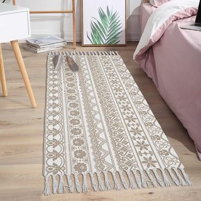 Moroccan Floral Stripes Pattern Cotton and Linen Area Rug with Tassel Hand Woven Floor Carpet Rug for Living Room Bedroom