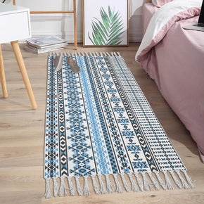 Blue Geometric Stripes Pattern Cotton and Linen Area Rug with Tassel Hand Woven Floor Carpet Rug for Living Room Bedroom