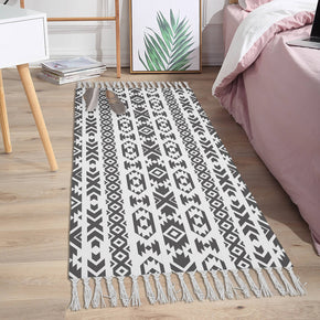 Black Geometric Stripes Pattern Cotton and Linen Area Rug with Tassel Hand Woven Floor Carpet Rug for Living Room Bedroom