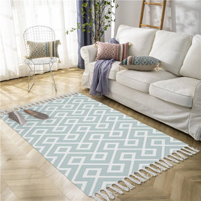 Light Green White Line Geometric Cotton and Linen Area Rug with Tassel Handwoven Floor Carpet Rug for Living Room Bedroom