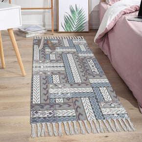 Square Geometric Stitching Cotton and Linen Area Rug with Tassel Handwoven Floor Carpet Rug for Living Room Bedroom