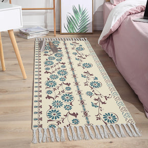 Flower Vine Pattern Cotton and Linen Area Rug with Tassel Handwoven Floor Carpet Rug for Living Room Bedroom