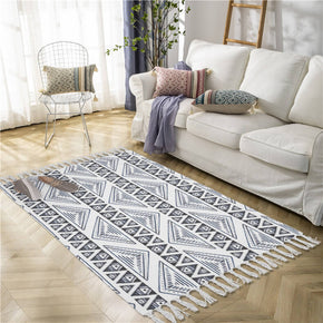 Black Triangle Geometric Pattern Cotton and Linen Area Rug with Tassel Handwoven Floor Carpet Rug for Living Room Bedroom