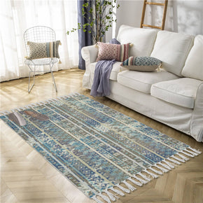 Blue Abstract Pattern Cotton and Linen Area Rug with Tassel Handwoven Floor Carpet Rug for Living Room Bedroom