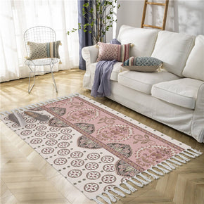 Pink Vintage Print Cotton and Linen Area Rug with Tassel Handwoven Floor Carpet Rug for Living Room Bedroom