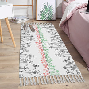 Small Fresh Flowers Pattern Cotton and Linen Area Rug with Tassel Handwoven Floor Carpet Rug for Living Room Bedroom