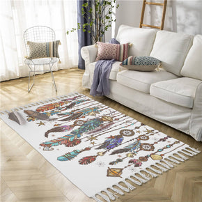 Vintage Feather Decoration Pattern Cotton and Linen Area Rug with Tassel Handwoven Floor Carpet Rug for Living Room Bedroom