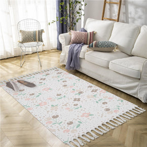 Flowers Pattern Cotton and Linen Area Rug with Tassel Handwoven Floor Carpet Rug for Living Room Bedroom