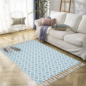 Blue Geometric Pattern Cotton and Linen Area Rug with Tassel Handwoven Floor Carpet Rug for Living Room Bedroom