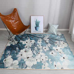 Blue Watercolour Flowers Painting Pattern Faux Cashmere Plush Comfy Modern Rugs For Living Room Bedroom Bedside Carpet