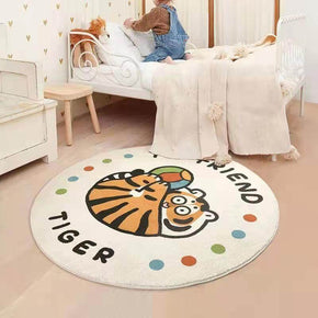 Cute Cartoon Tiger Playing With A Ball Pattern Round Faux Cashmere Shaggy Area Rugs For Living Room Bedroom Kids Room Bedside Carpet