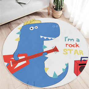 Blue Cartoon Dinosaur Pattern Round Faux Cashmere Shaggy Area Rugs For Bedroom Kids Room Bedside Carpets