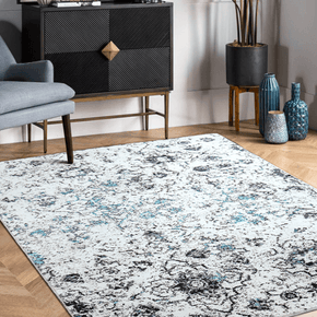 Blue and Grey Vintage Print Pattern Faux Cashmere Soft Shaggy Area Rug Carpets For Living Room Bedroom Hall Office