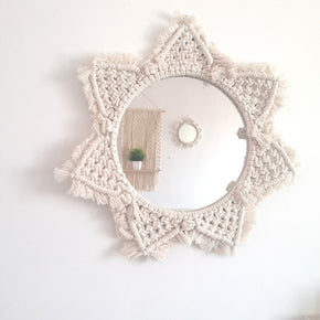 Floral Geometric Shapes Hanging Wall Mirror with Mirror Art Decor Macrame Fringe Decorative Round Mirror