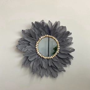 Grey Handmade Feather Mirror Hanging Ornament Wall Decorations for Bedroom Entryway