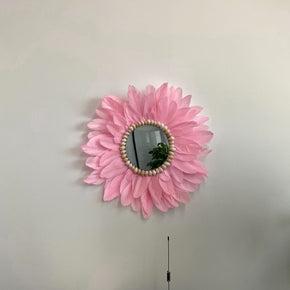 Pink Handmade Feather Mirror Hanging Ornament Wall Decorations for Bedroom Entryway