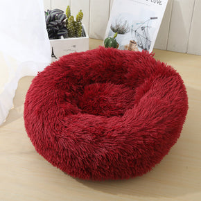 Wine Red Round Donuts Plush Pet Bed for Dogs & Cats , Fluffy Soft Warm Calming Bed Sleeping Kennel Nest