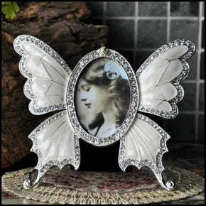 White Rhinestone Decorated Ellipse Butterfly Design Vintage Metal Photo Frame